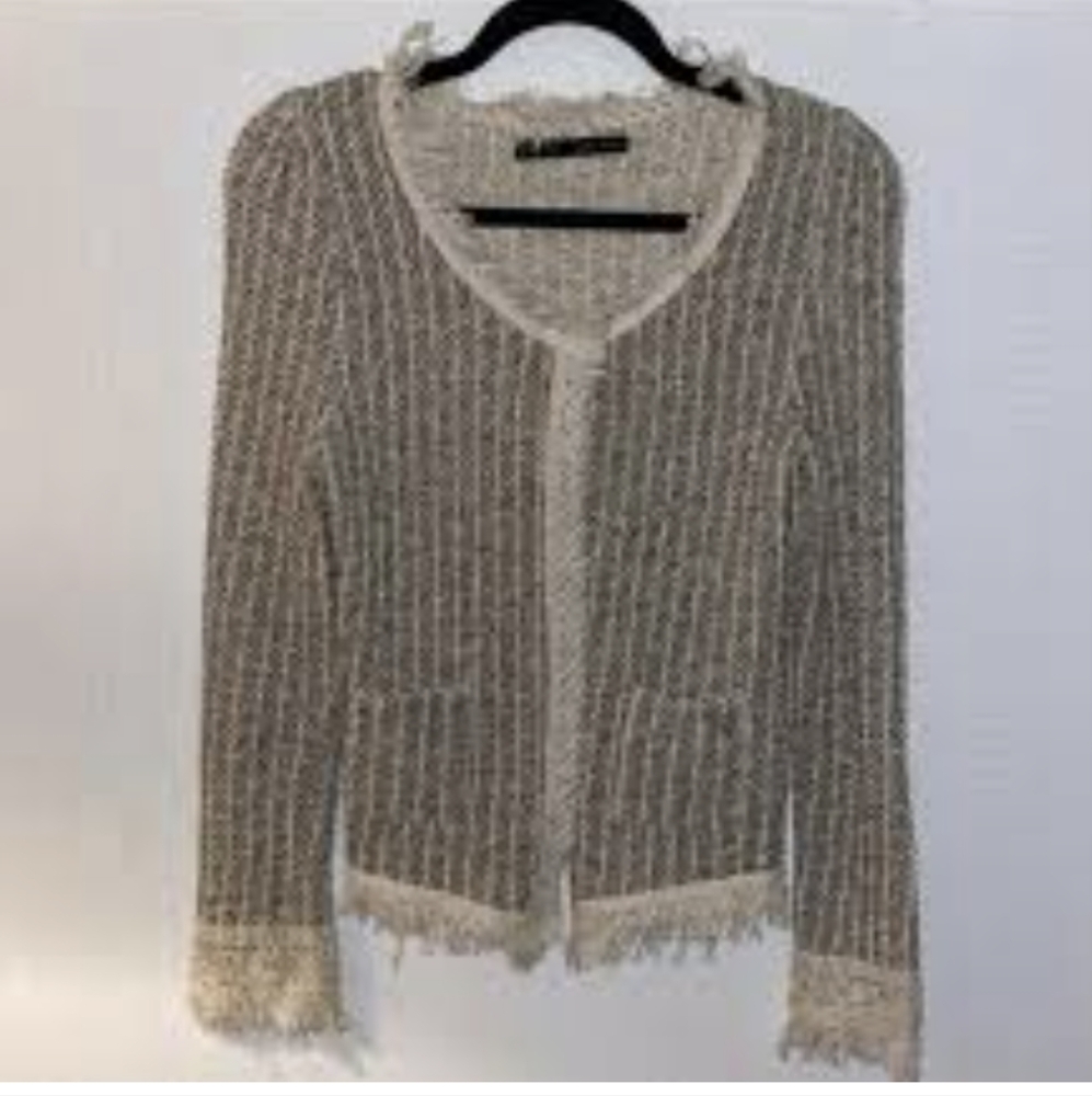 Zara Basics Cotton Neutral Grey Knit Open Cardigan Sweater Small